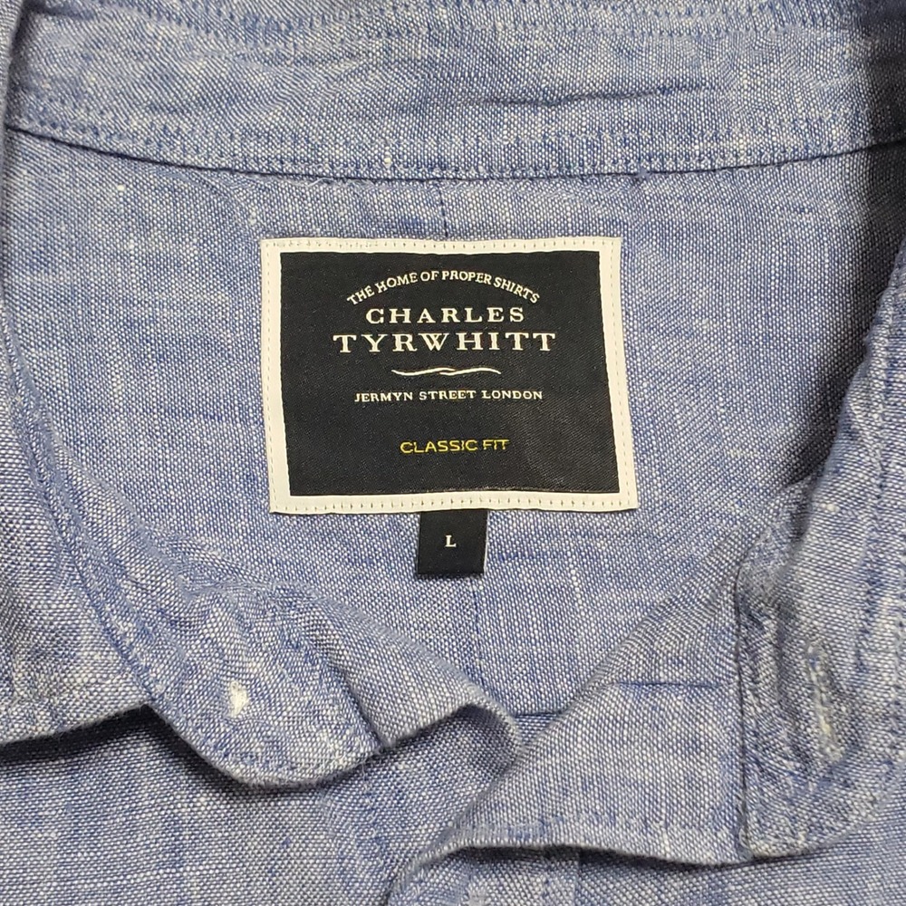 Charles Tyrwhitt Mens Large Classic Fit Blue 100% Linen Long Sleeve Button Shirt - Picture 5 of 11
